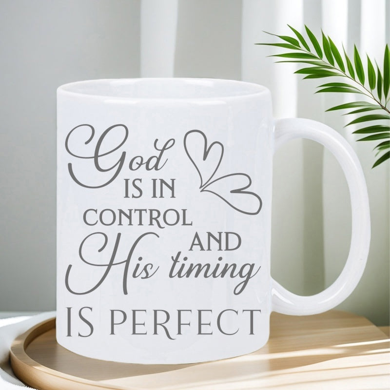 Tailorly White Ceramic 11 oz Mug - God Is In Control And His Timing Is Perfect Elegant Religious Quote Featuring Minimalist Hand Drawn Double Hearts