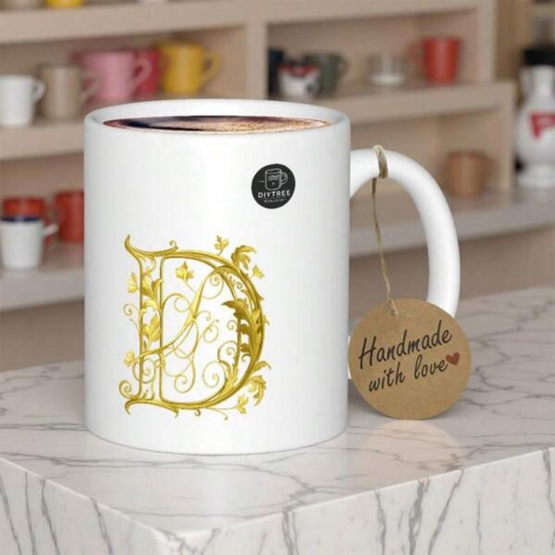 Tailorly White Ceramic 11 oz Mug - D Ornate Golden Filigree With Elegant Floral Patterns And Baroque Style Initial