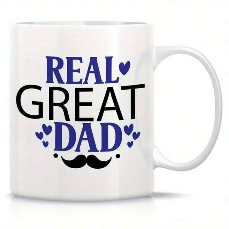 Tailorly White Ceramic 11 oz Mug - Real Great Dad Minimalist Design With Small Blue Hearts And Stylish Black Mustache