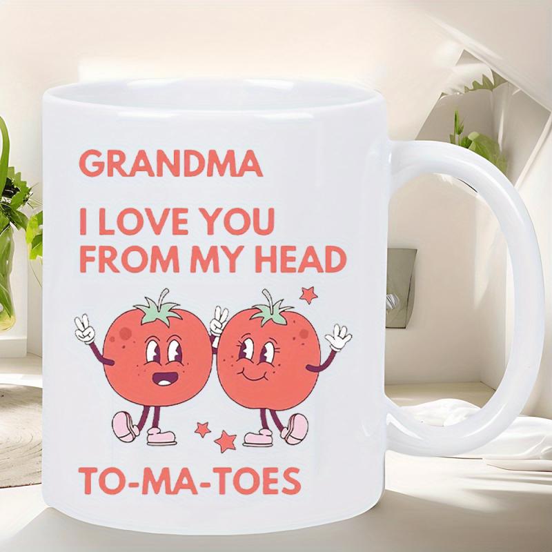 Tailorly White Ceramic 11 oz Mug - Grandma I Love You From My Head To Ma Toes Two Cute Cartoon Character Vegetables Holding Hands Surrounded By Small Twinkling