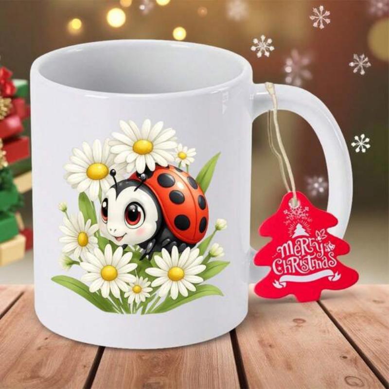 Tailorly White Ceramic 11 oz Mug - Merry Christmas Cute Cartoon Character Sitting Among White Daisies And Lush Green Leaves Ladybug