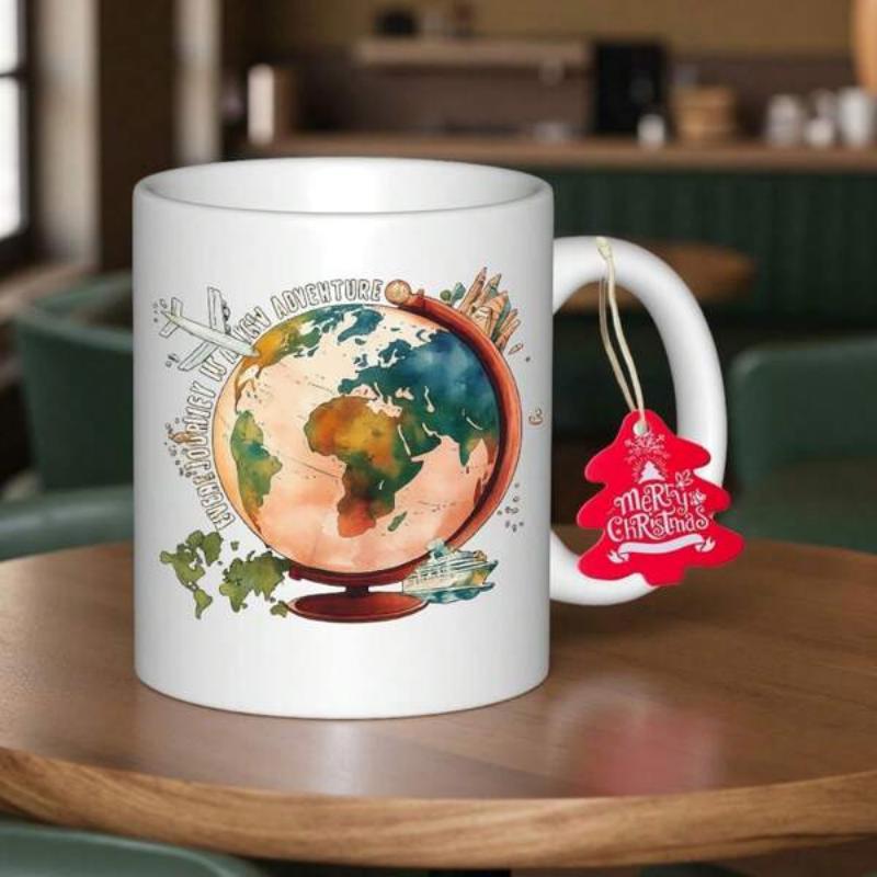 Tailorly White Ceramic 11 oz Mug - Merry Christmas Watercolor Painting Of Earth With Abstract Continental Map Lines Globe