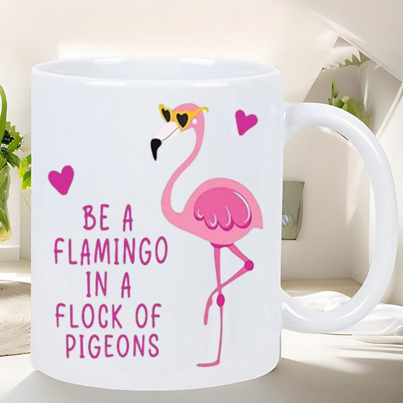 Tailorly White Ceramic 11 oz Mug - Be A Flamingo In A Flock Of Pigeons Stylish Pink Flamingo Wearing Heart Shaped Sunglasses Among Cute Floating Hearts Flamingo