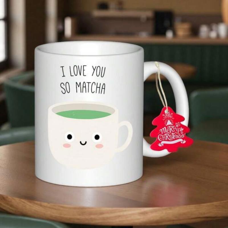 Tailorly White Ceramic 11 oz Mug - I Love You So Matcha Adorable Smiling Cartoon Mug Filled With Vibrant Green Liquid Mug