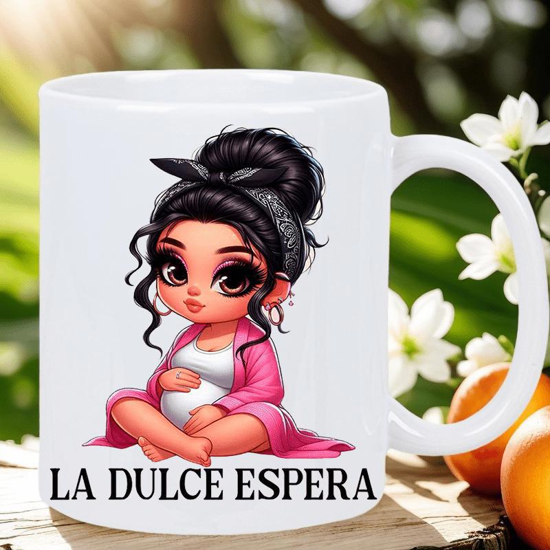 Tailorly White Ceramic 11 oz Mug - Charming Pregnant Cartoon Figure Wearing Pink Robe And Black Polka Dot Headband Girl