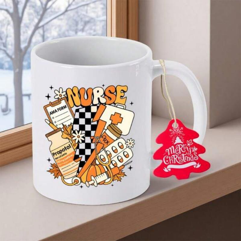 Tailorly White Ceramic 11 oz Mug - Nurse Retro Medical Equipment Symbols With Stylized Lettering And Autumn Leaves Nurse