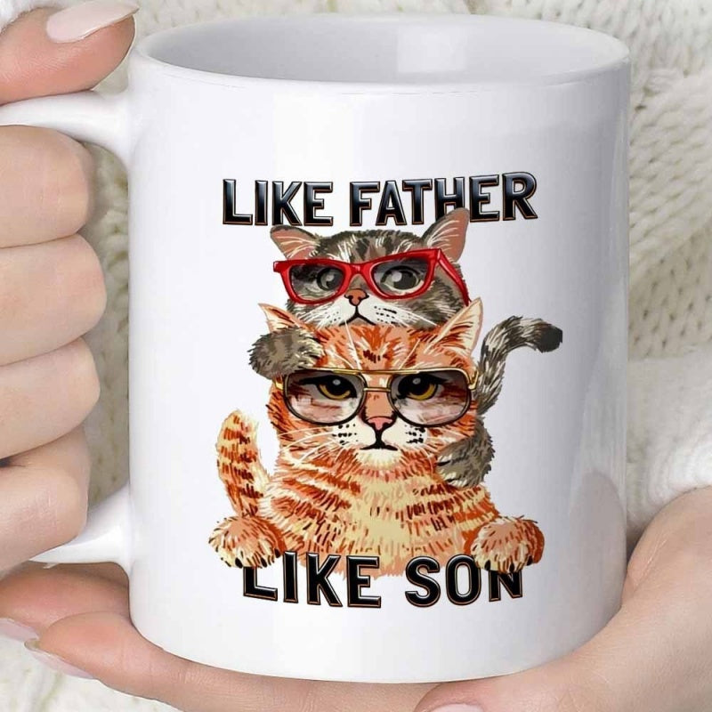 Tailorly White Ceramic 11 oz Mug - Like Father Like Son Two Adorable Cats Wearing Stylish Glasses Stacked Atop Each Other Cat