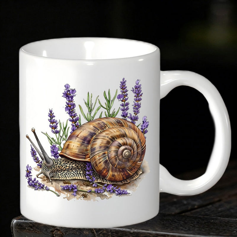 Tailorly White Ceramic 11 oz Mug - Delicate Purple Lavender Flowers Surrounding A Detailed Brown Spiral Shell Snail