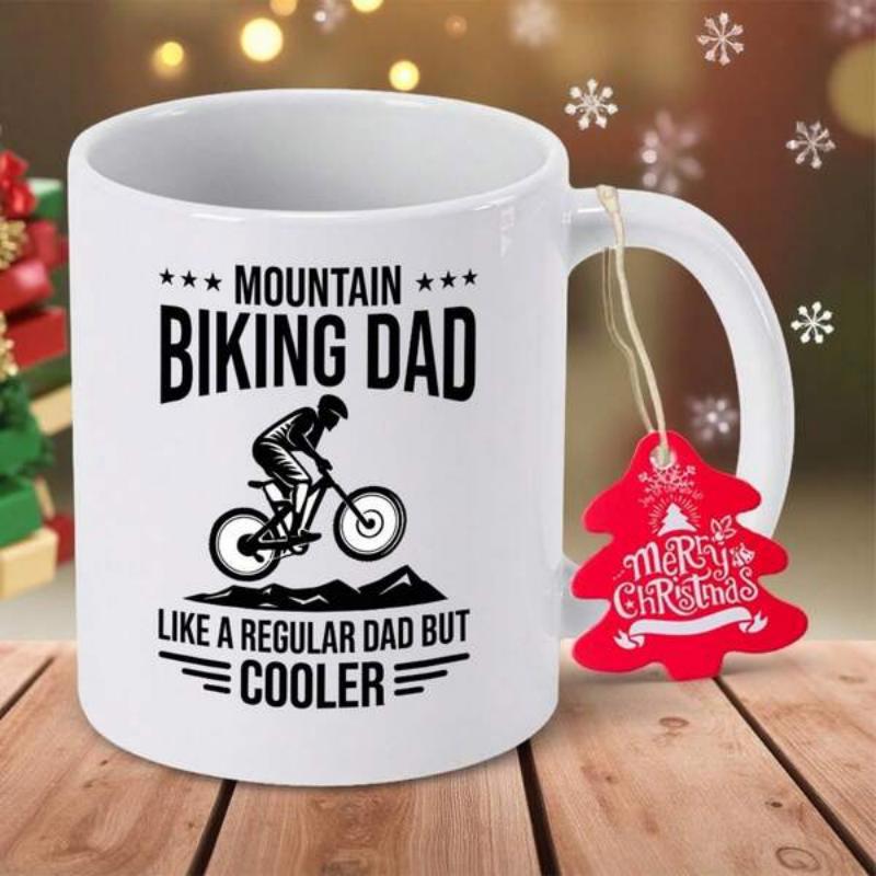 Tailorly White Ceramic 11 oz Mug - Mountain Biking Dad Like A Regular Dad But Cooler Silhouette Biker Jumping Over Rugged Mountain Peaks In Black Ink Biker