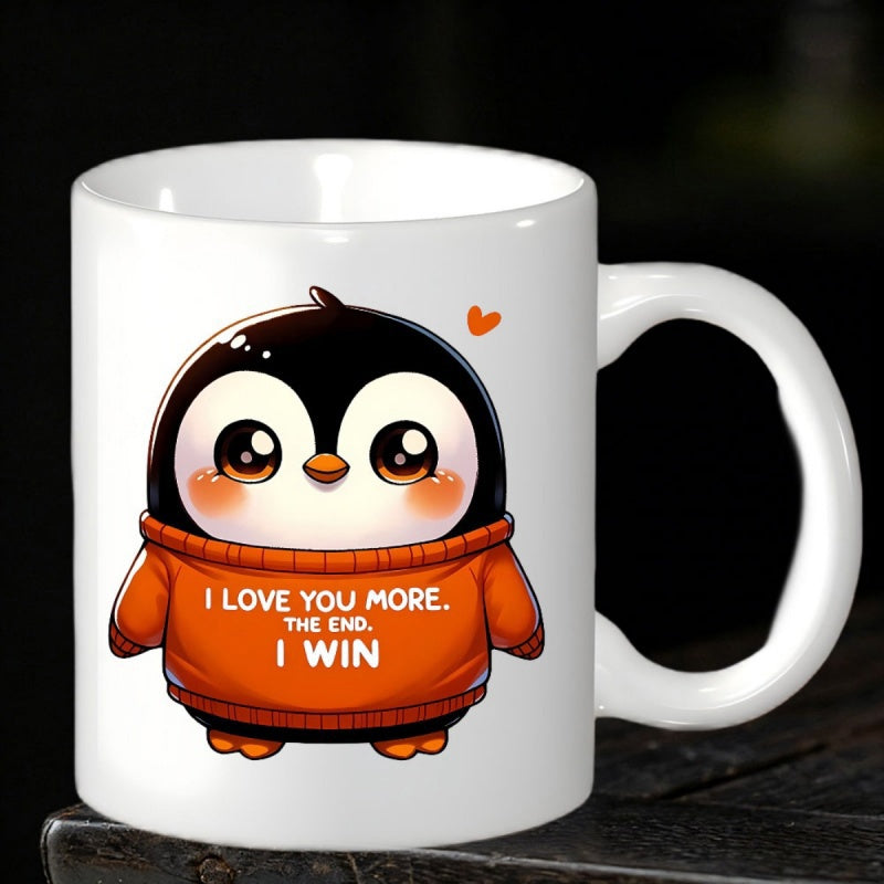 Tailorly White Ceramic 11 oz Mug - I Love You More The End I Win Chubby Cute Design Wearing Small Orange Knitted Sweater Penguin