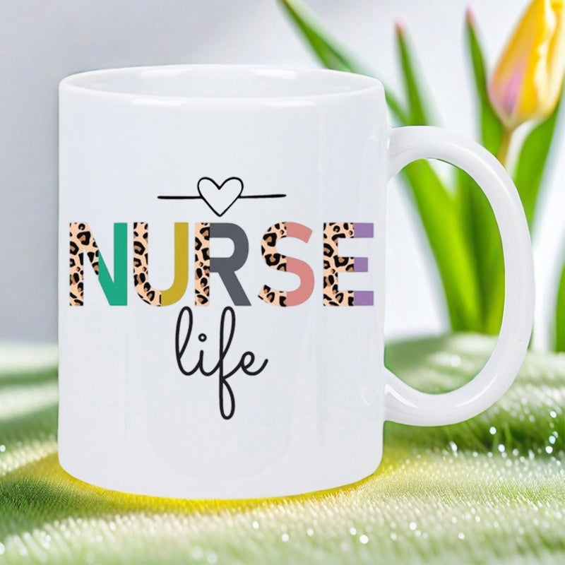 Tailorly White Ceramic 11 oz Mug - Nurse Life Vibrant Leopard Texture Color Block Letters Under A Tiny Heart Mug