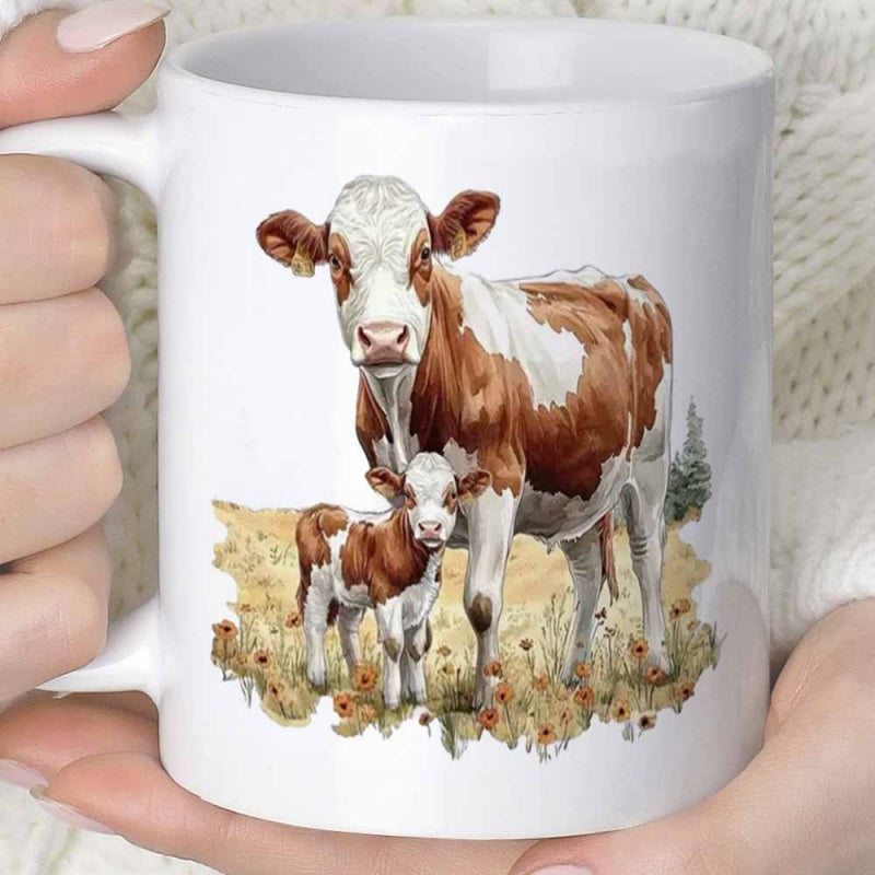 Tailorly White Ceramic 11 oz Mug - Majestic Mother Cow Standing With Small Calf Among Golden Meadow Grasses Cow