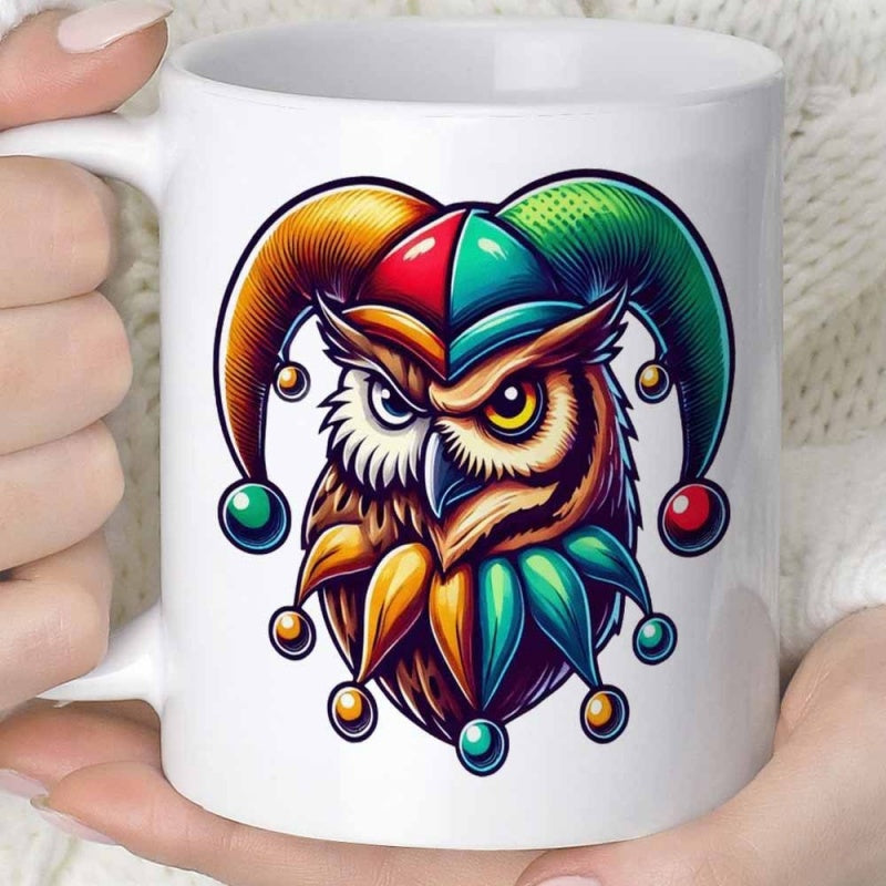 Tailorly White Ceramic 11 oz Mug - Vibrant Multi Colored Jester Hat Wearing Wise And Majestic Bird Owl