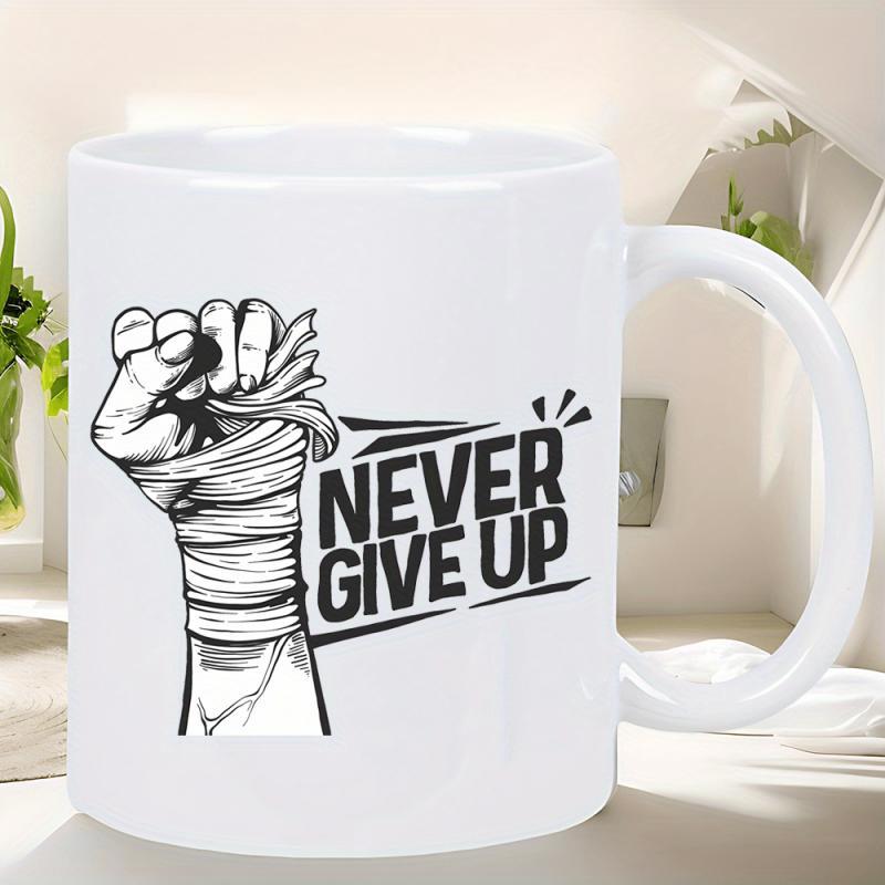 Tailorly White Ceramic 11 oz Mug - Never Give Up Strong Clenched Hand Wrapped In Bandages Expressing Power And Grit Fist