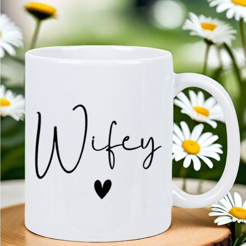 Tailorly White Ceramic 11 oz Mug - Wifey Minimalist Black Script Lettering Above A Small Solid Black Heart