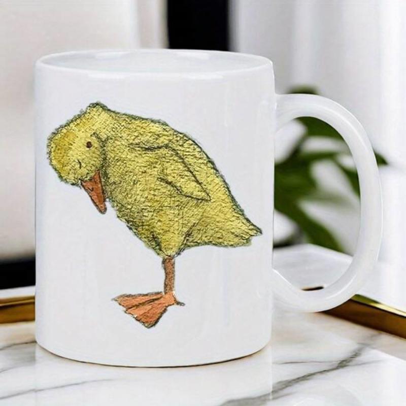 Tailorly White Ceramic 11 oz Mug - Hand Drawn Fuzzy Yellow Bird Standing On One Leg Small Fluffy Duckling