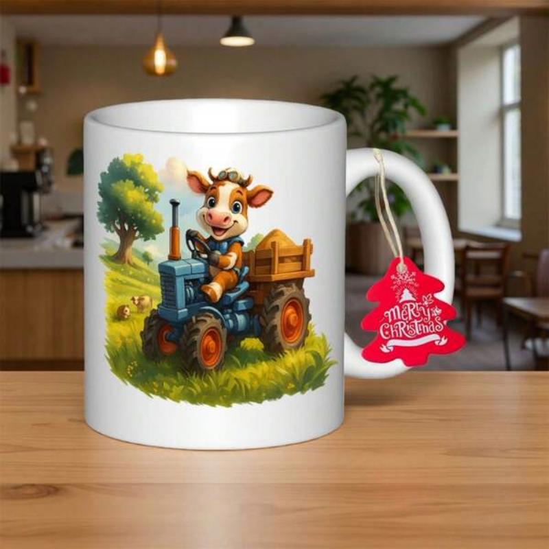 Tailorly White Ceramic 11 oz Mug - Merry Christmas Joyful Calf Driving A Vintage Blue Tractor Through Sunny Fields Cow