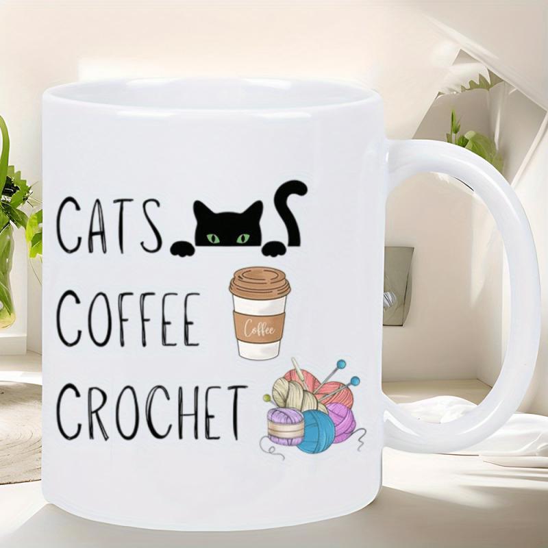 Tailorly White Ceramic 11 oz Mug - Cats Coffee Crochet Curious Black Peeking Kitten Among Hot Steaming Coffee And Colorful Yarn Cat