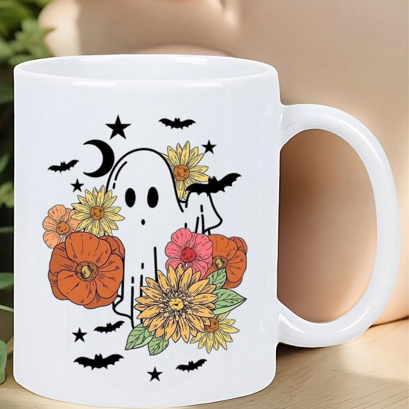 Tailorly White Ceramic 11 oz Mug - Friendly Cartoon Ghost Surrounded By Beautiful Autumn Flowers And Bats Under Stars Ghost