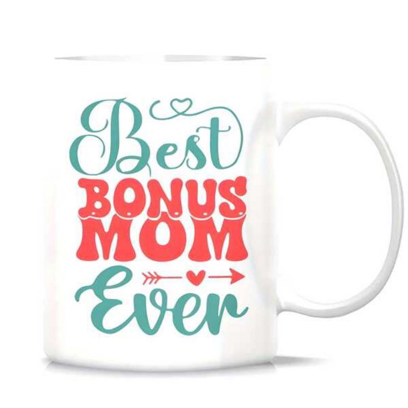 Tailorly White Ceramic 11 oz Mug - Best Bonus Mom Ever Elegant Decorative Swirls Featuring Red Hearts And Arrow Heart