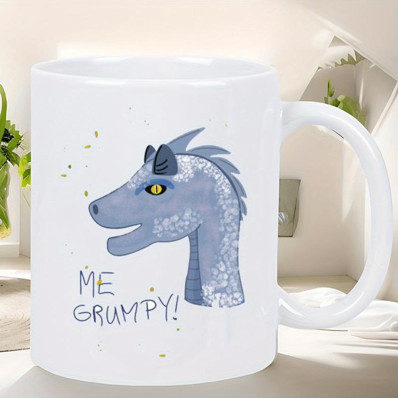 Tailorly White Ceramic 11 oz Mug - Me Grumpy Textured Blue Dinosaur Head With Fierce Yellow Eyes And Grumpy Expression Dinosaur