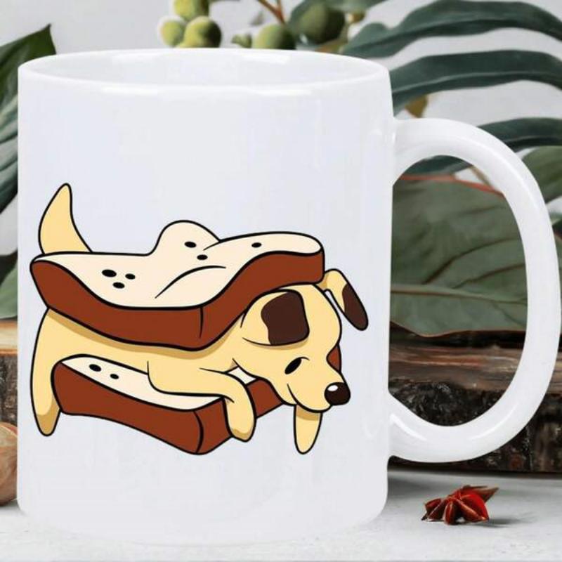 Tailorly White Ceramic 11 oz Mug - Cute Cartoon Dog Resting Comfortably Between Two Toasted Slices Of Bread Sandwich