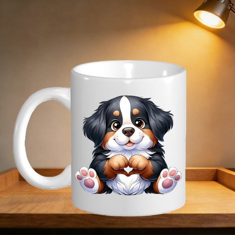 Tailorly White Ceramic 11 oz Mug - Cute Fluffy Bernese Mountain Dog Making Heart Shape With Paws Puppy