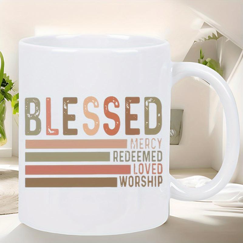 Tailorly White Ceramic 11 oz Mug - Blessed Mercy Redeemed Loved Worship Retro Earth Tones With Distressed Texture And Minimalist Horizontal Stripes Typography