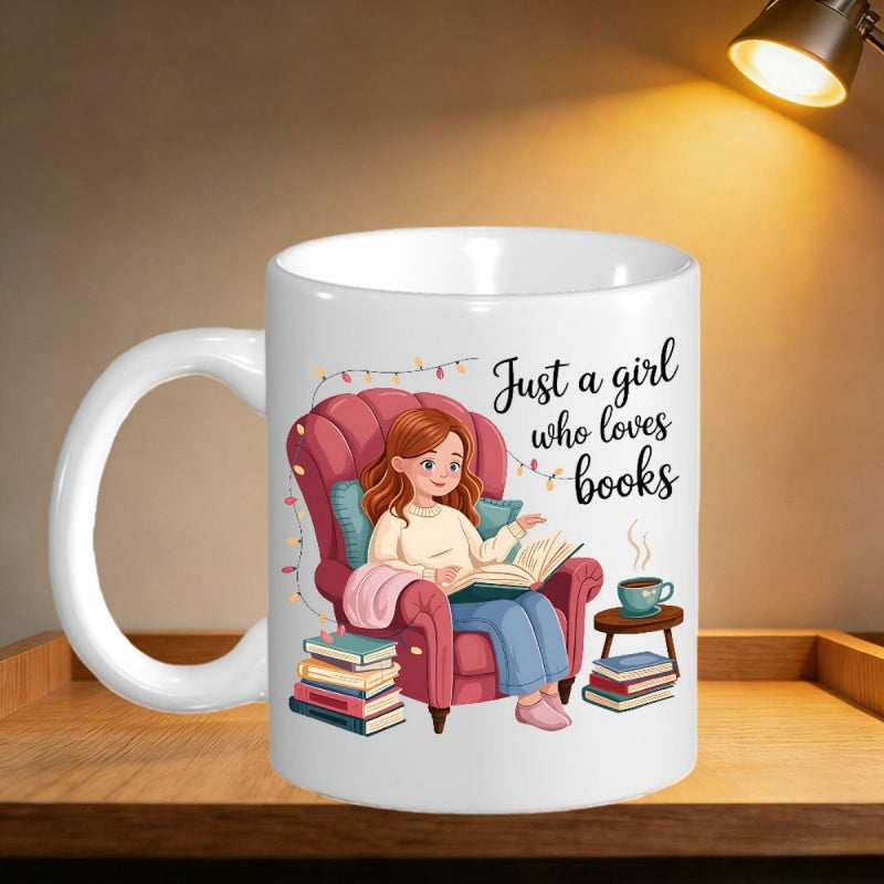 Tailorly White Ceramic 11 oz Mug - Just A Girl Who Loves Books Cozy Reader Relaxing In Armchair Under Hanging Fairy Lights Girl