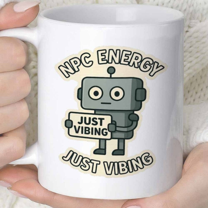 Tailorly White Ceramic 11 oz Mug - Npc Energy Just Vibing Simple Gray Cartoon Character Holding Small Sign With Big Round Eyes Robot