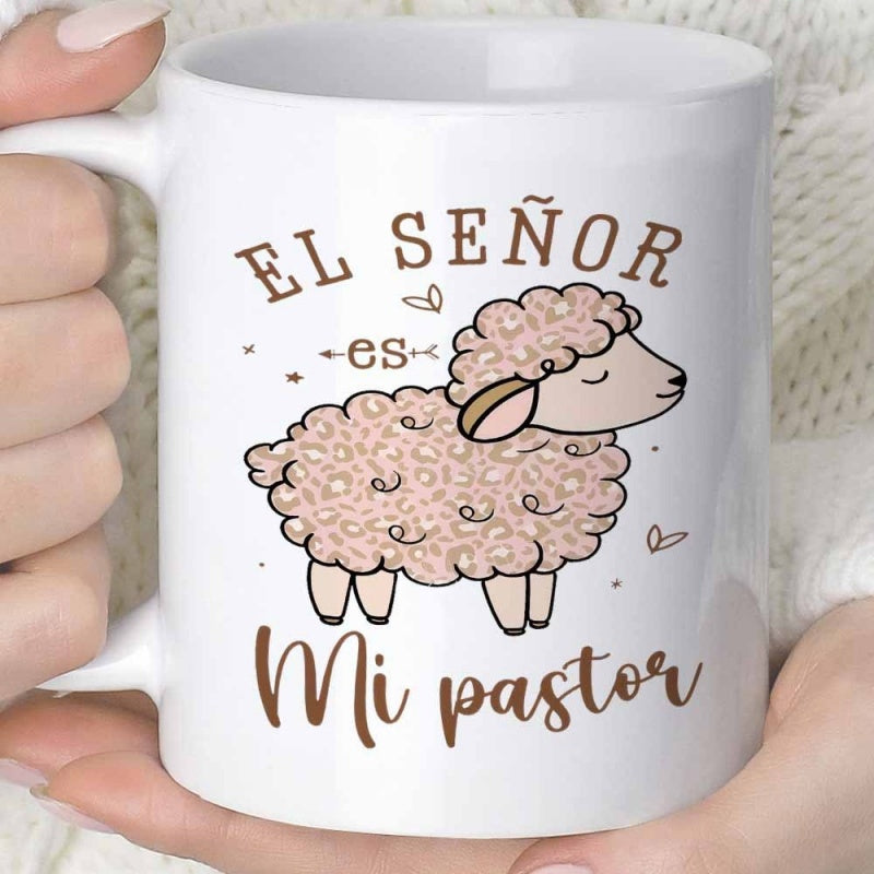 Tailorly White Ceramic 11 oz Mug - Adorable Fluffy Pinkish Lamb Standing Among Tiny Decorative Hearts And Stars Sheep