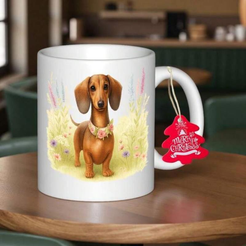 Tailorly White Ceramic 11 oz Mug - Cute Long Bodied Dog With Flower Collar Among Soft Meadows Dachshund
