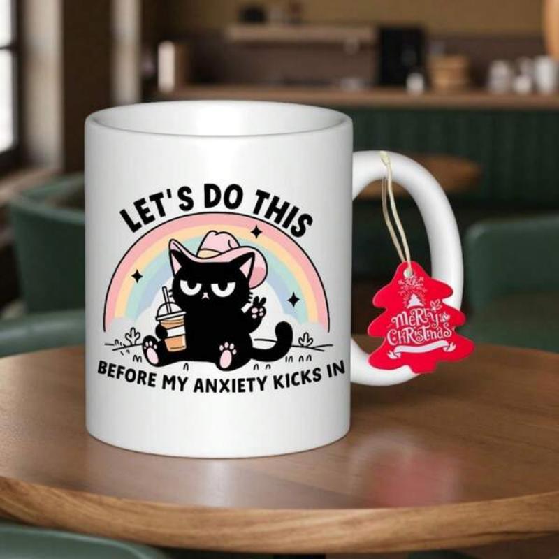 Tailorly White Ceramic 11 oz Mug - Lets Do This Before My Anxiety Kicks In Adorable Black Kitten Wearing Pink Cowboy Hat Holding Coffee Under Rainbow Cat