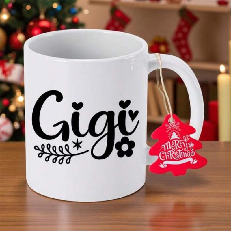 Tailorly White Ceramic 11 oz Mug - Gigi Elegant Script With Tiny Hearts And A Delicate Floral Branch Sign
