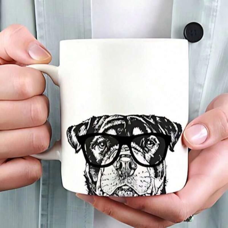 Tailorly White Ceramic 11 oz Mug - Sketch Style Rottweiler Wearing Large Black Glasses Looking Forward With Introspective Expression Dog