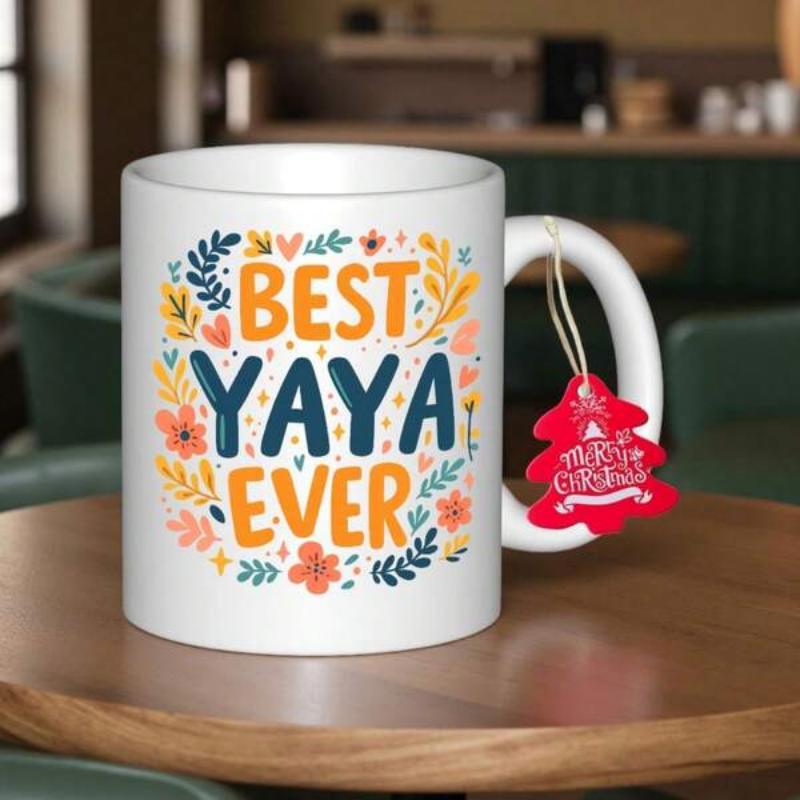 Tailorly White Ceramic 11 oz Mug - Best Yaya Ever Colorful Hand Drawn Leaves And Hearts Floating Around Artistic Text Mug