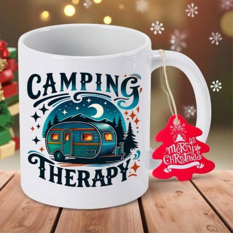 Tailorly White Ceramic 11 oz Mug - Camping Therapy Vintage Trailer Parked Under Crescent Moon In Peaceful Starry Forest Night Camper