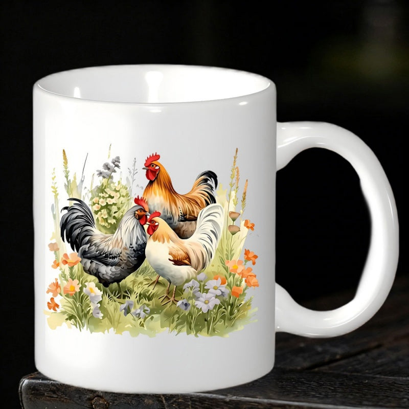 Tailorly White Ceramic 11 oz Mug - Vibrant Countryside Scene With Three Colorful Farm Birds Among Wildflowers Rooster
