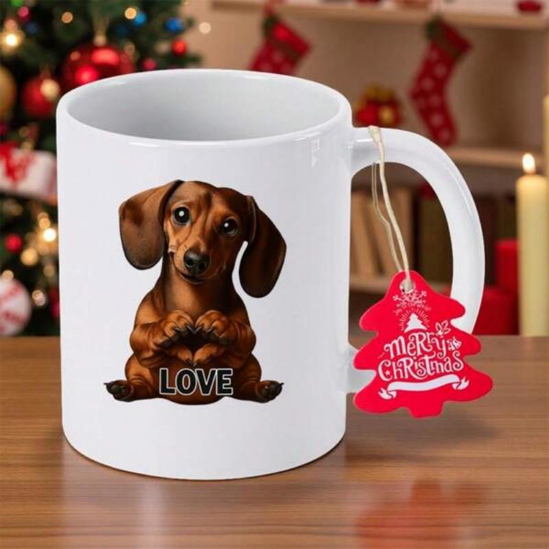 Tailorly White Ceramic 11 oz Mug - Love Merry Christmas Cute Brown Puppy Making A Heart Gesture With Paws Dachshund