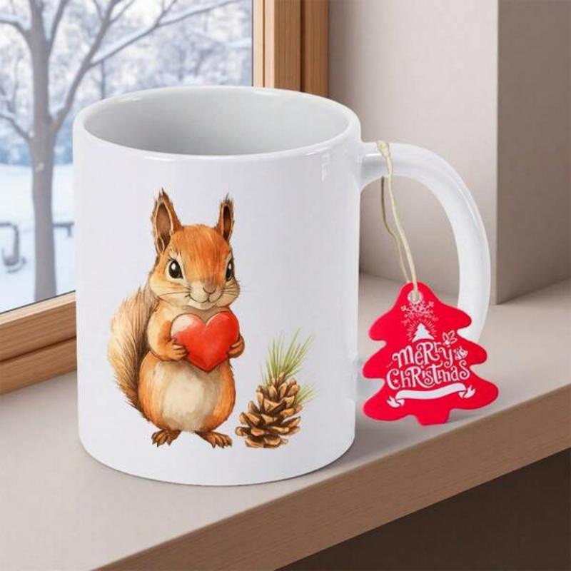 Tailorly White Ceramic 11 oz Mug - Merry Christmas Watercolor Style Squirrel Holding A Small Red Heart Beside A Pinecone Squirrel