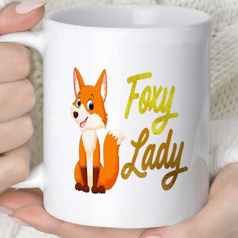Tailorly White Ceramic 11 oz Mug - Foxy Lady Charming Orange Sitting Forest Creature With Large Ears And Bushy Tail Fox
