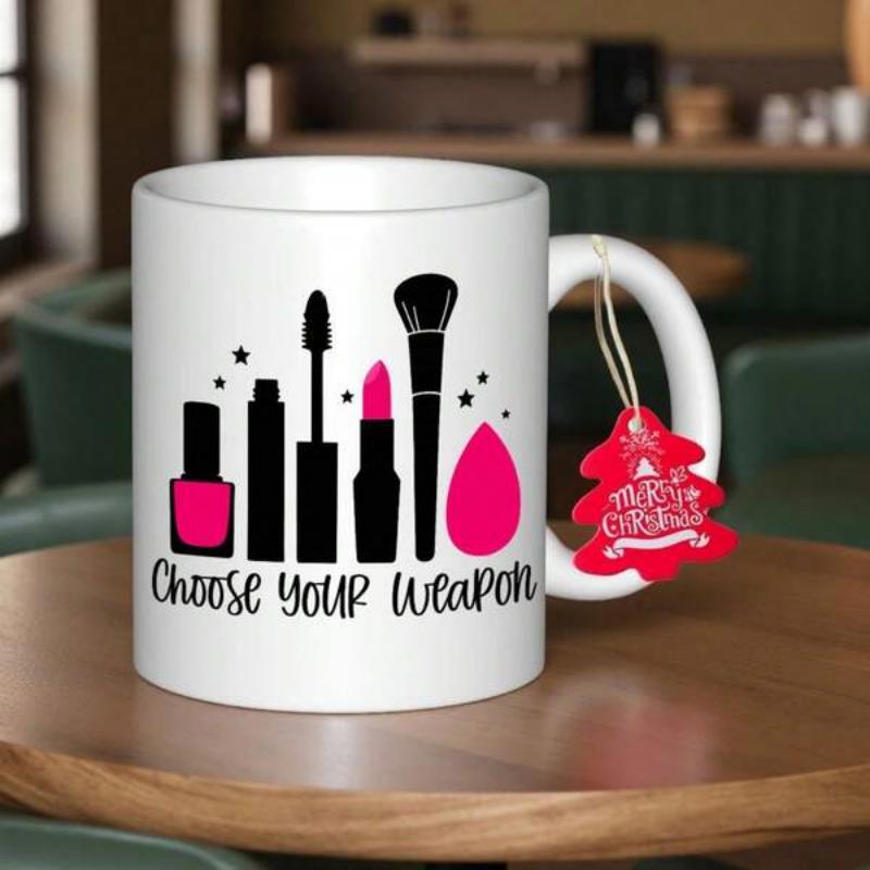 Tailorly White Ceramic 11 oz Mug - Choose Your Weapon Silhouette Icons Of Beauty Products And Professional Makeup Tools Cosmetic