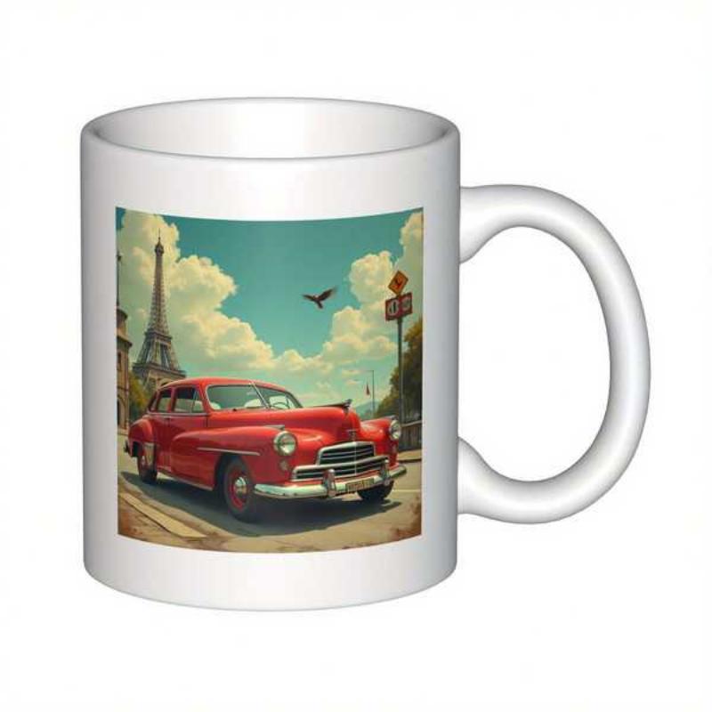 Tailorly White Ceramic 11 oz Mug - Classic Red Vintage Vehicle Parked Near The Iconic Eiffel Tower Car