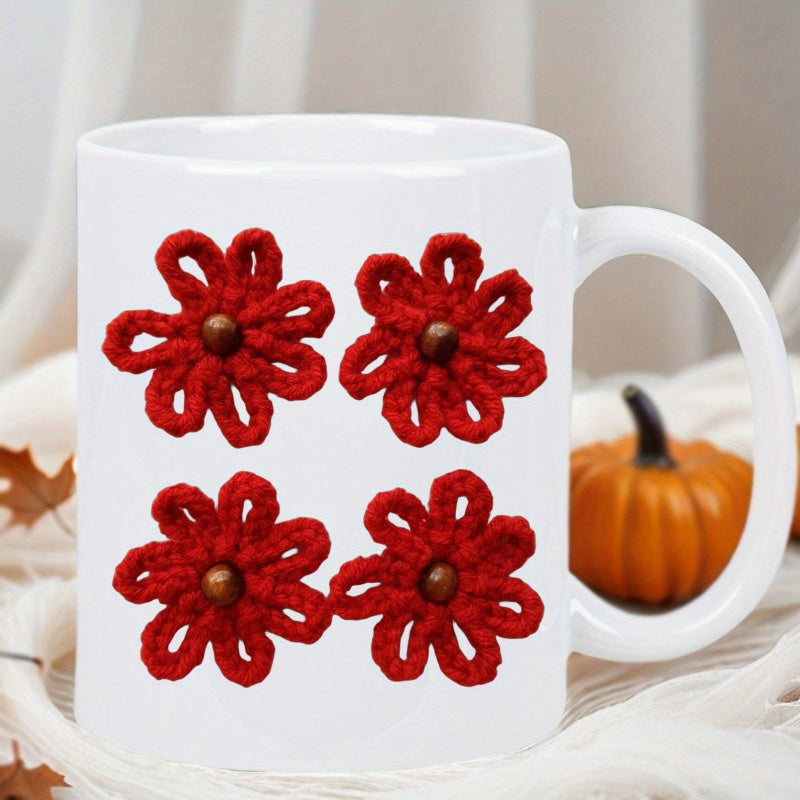 Tailorly White Ceramic 11 oz Mug - Handmade Style Red Crochet Blooms Arranged On A Clean White Surface Flower