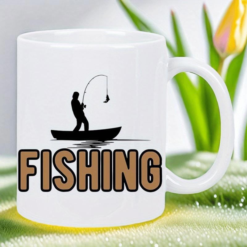 Tailorly White Ceramic 11 oz Mug - Fishing Lone Silhouette Standing In A Small Boat Catching A Fish Fisherman