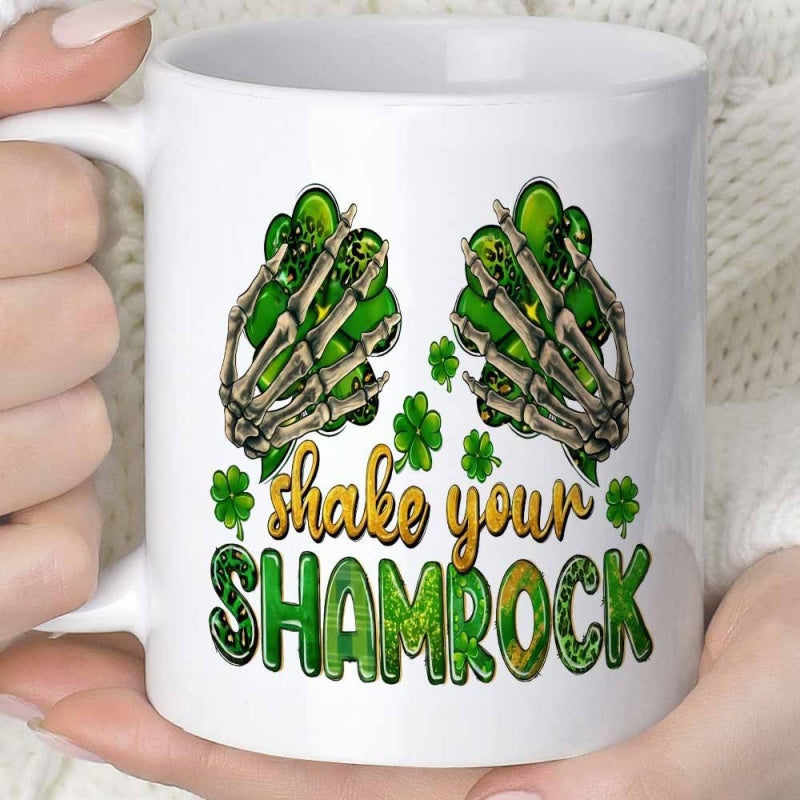 Tailorly White Ceramic 11 oz Mug - Shake Your Shamrock Festive Skeleton Hands Holding Green Clovers With Glittery Patterns Shamrock