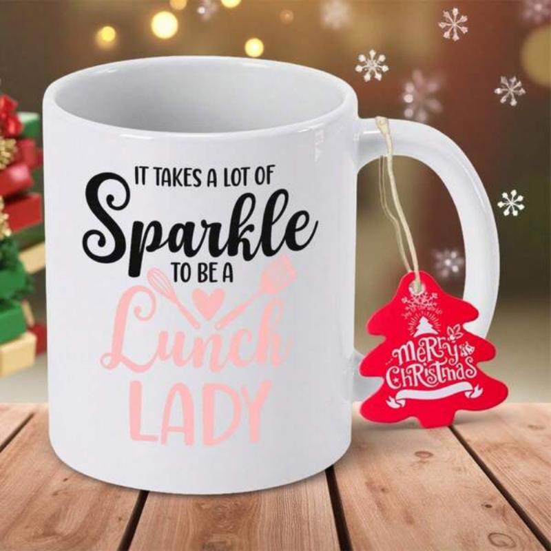 Tailorly White Ceramic 11 oz Mug - It Takes A Lot Of Sparkle To Be A Lunch Lady Featuring Pink Crossed Spoons And Small Heart Mug