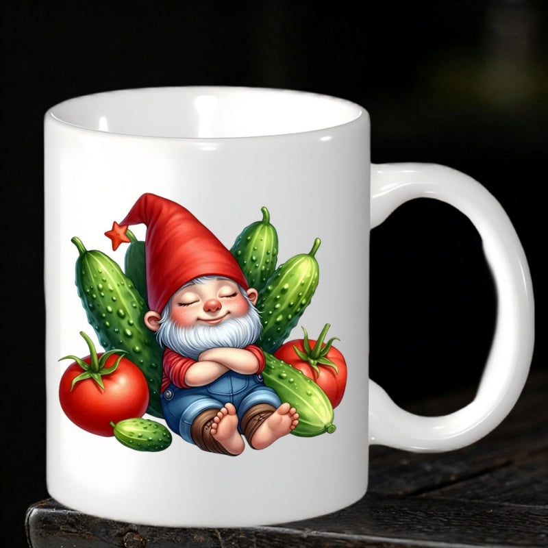 Tailorly White Ceramic 11 oz Mug - Sleeping Little Garden Gnome Among Fresh Green Cucumbers And Ripe Red Tomatoes Gnome