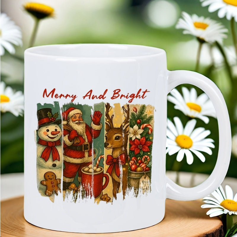 Tailorly White Ceramic 11 oz Mug - Merry And Bright Festive Vintage Illustrations Of Santa Snowman And Reindeer Scenes Santa