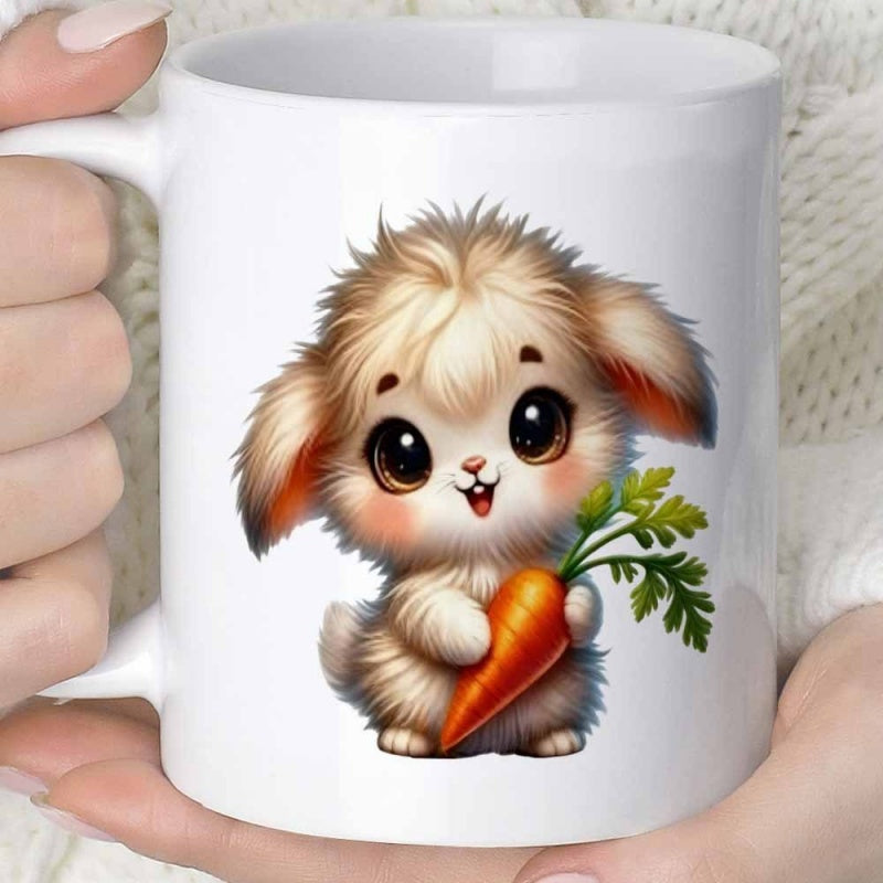 Tailorly White Ceramic 11 oz Mug - Adorable Fluffy Little Creature Holding A Fresh Orange Carrot Gently Rabbit